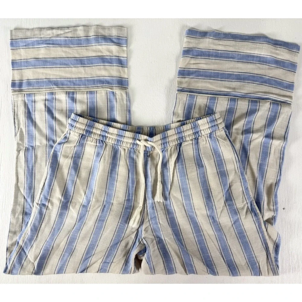 H&M DIVIDED Coastal Blue White Striped Linen Blend Wide Leg Pants Women's Small